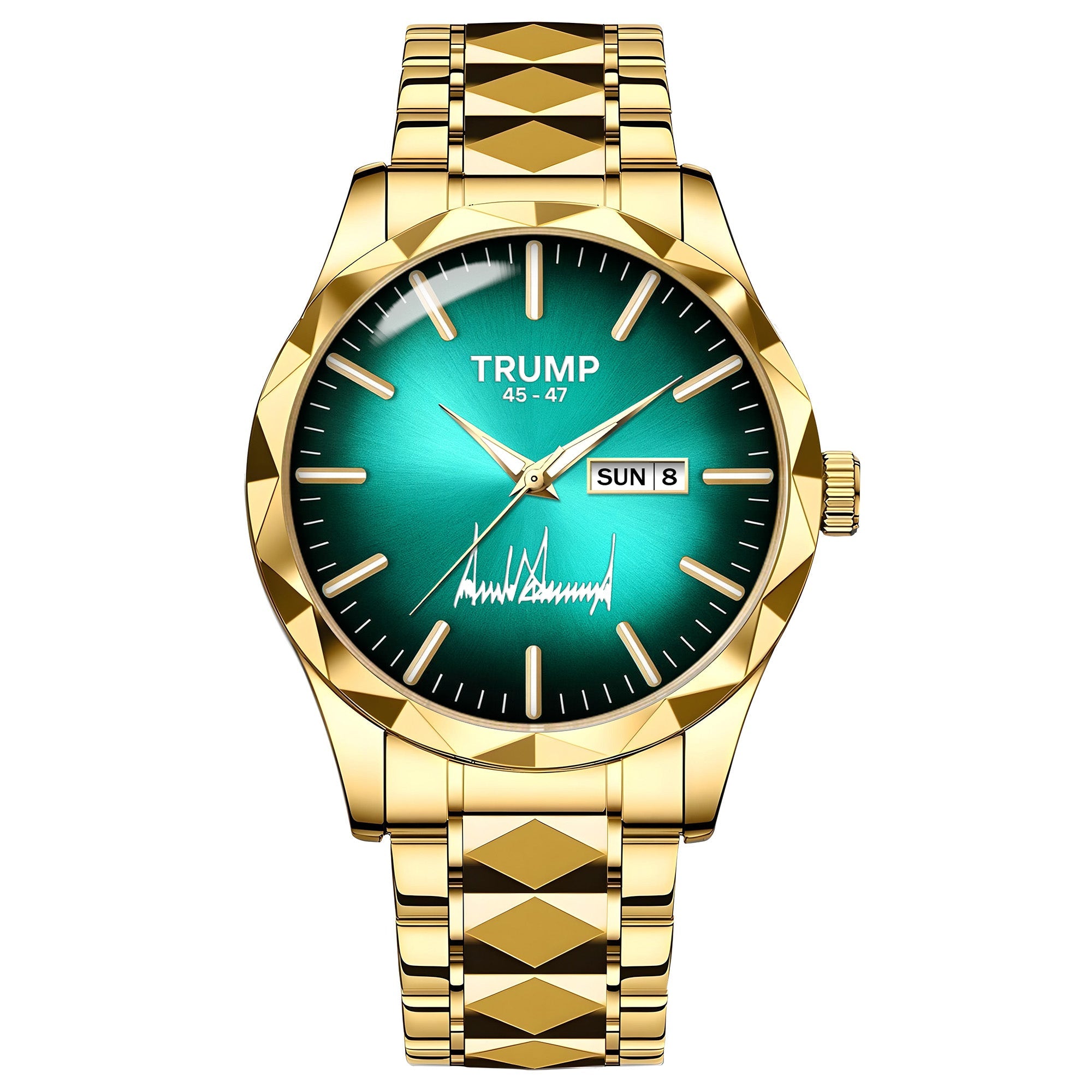 TRUMP 45-47 Watch 2026 Luxury Gold – Emerald Green Sunburst Dia
