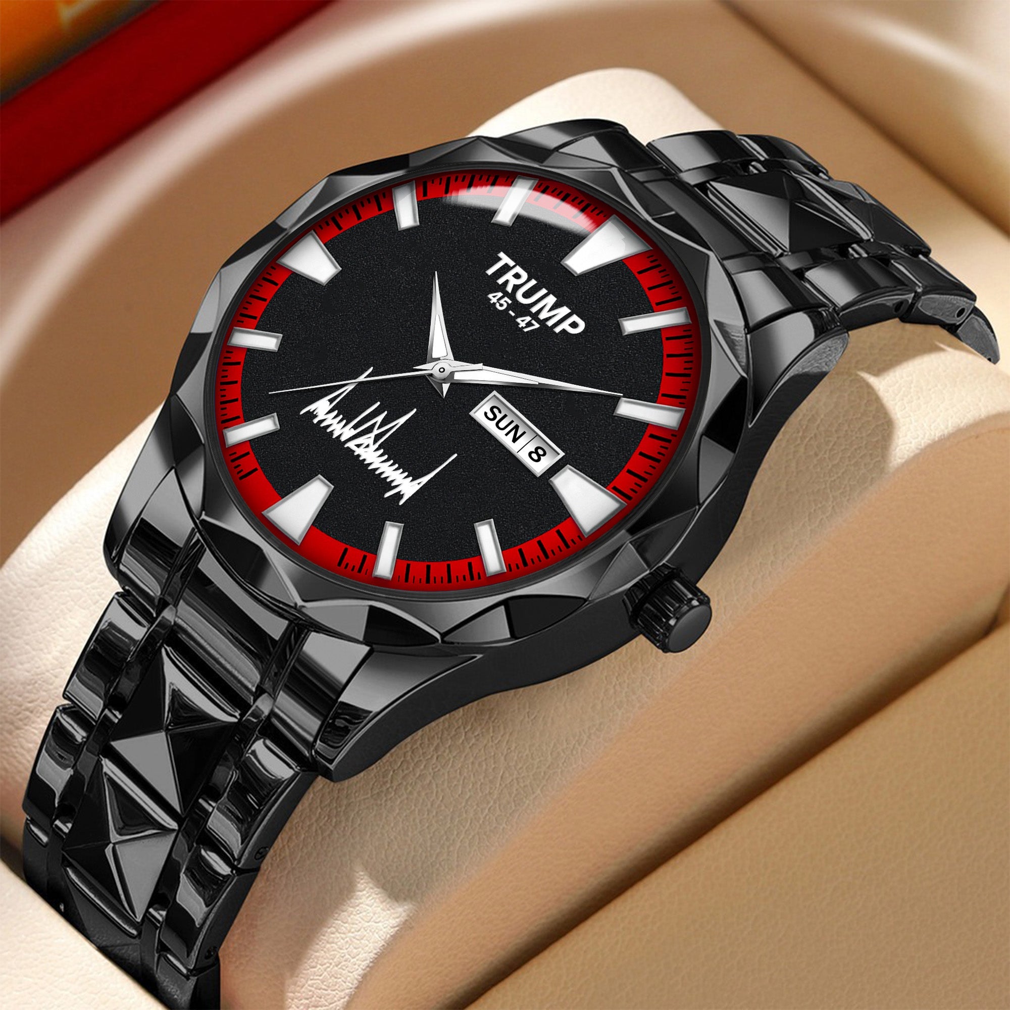 TRUMP 45-47 Watch 2026 Luxury Black Steel – Signature Red Sport Dial