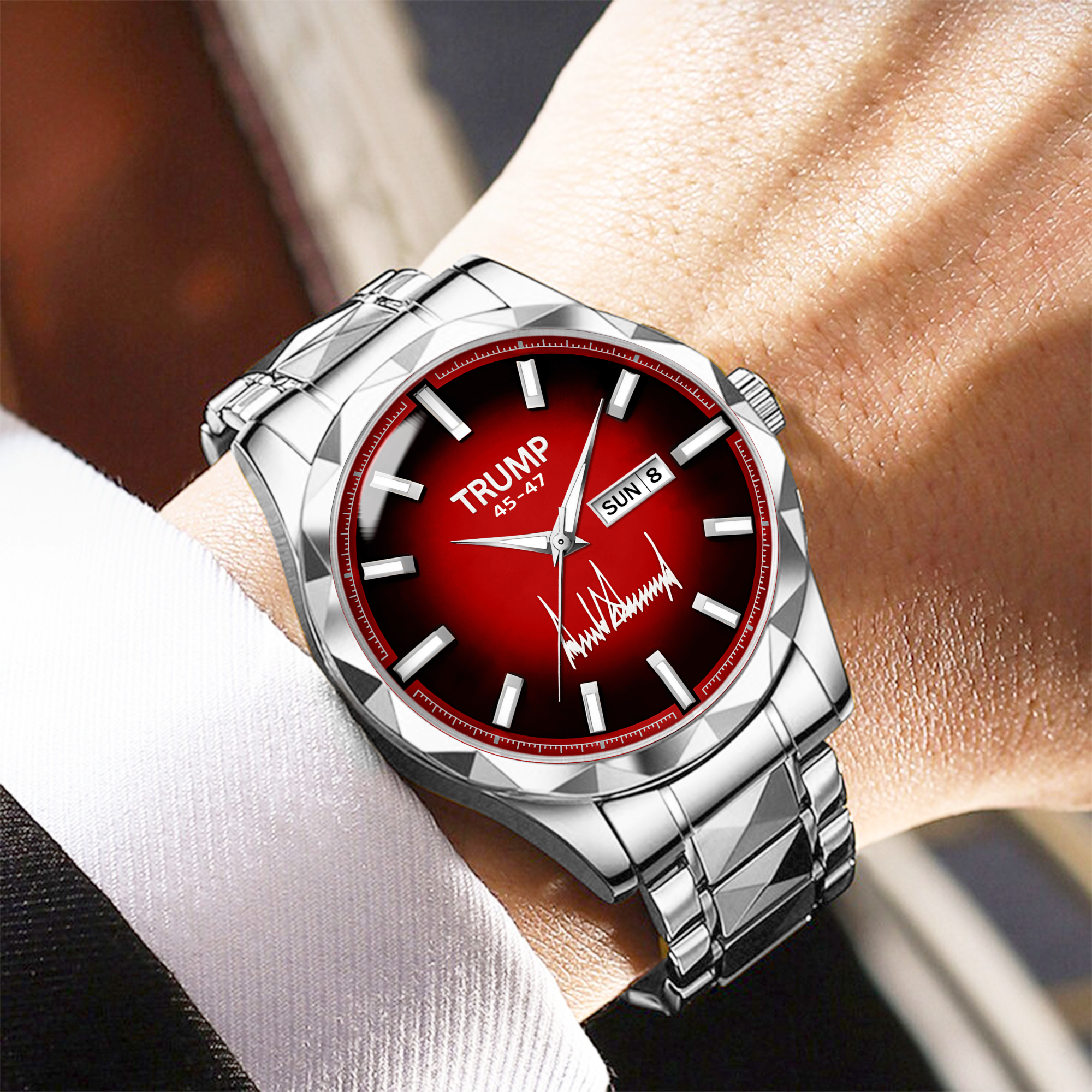TRUMP 45-47 Watch 2026 – Silver Watch with Striking Red Dial for Men