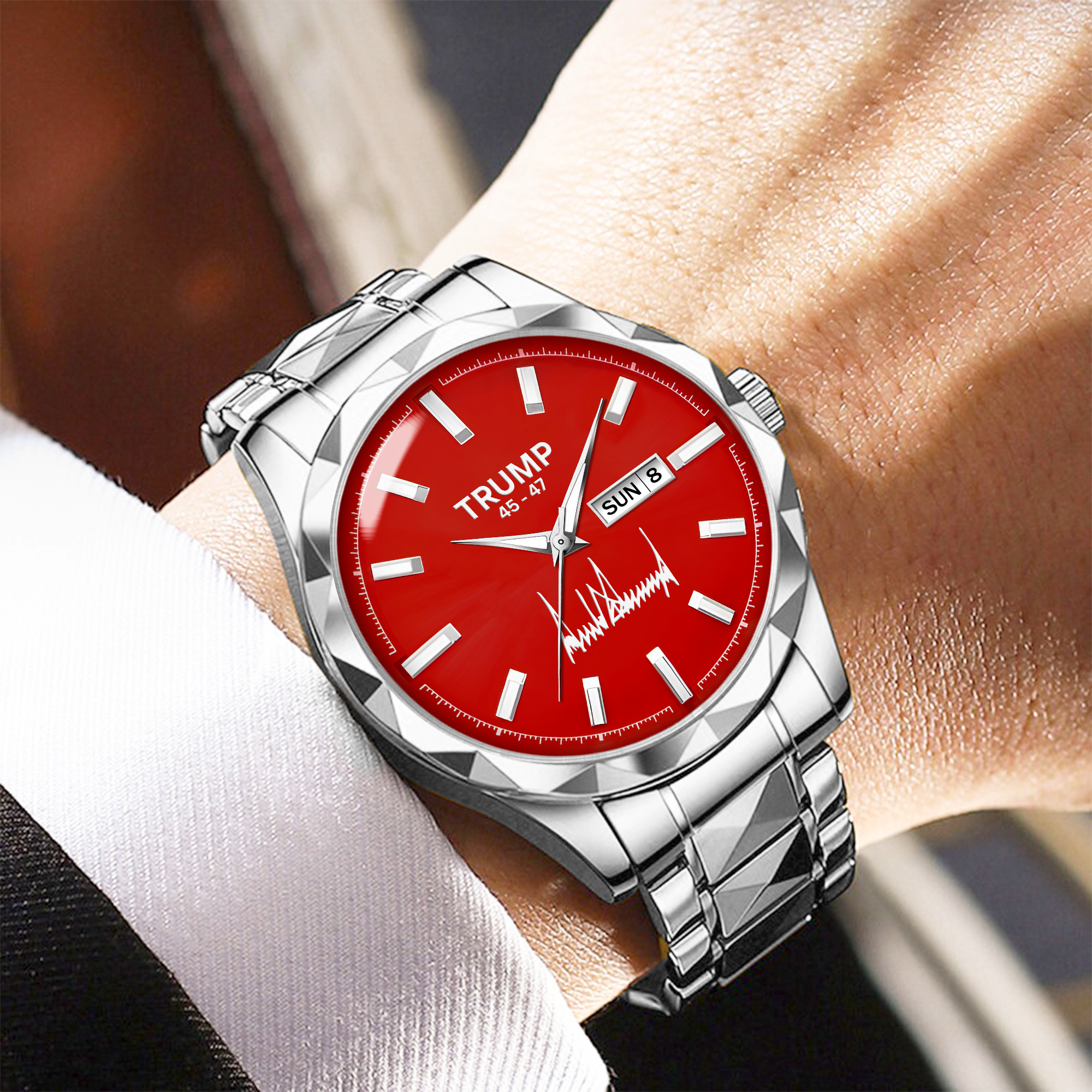 TRUMP 45-47 Watch 2026 Silver Red Dial – Luxury Steel Watch for Men