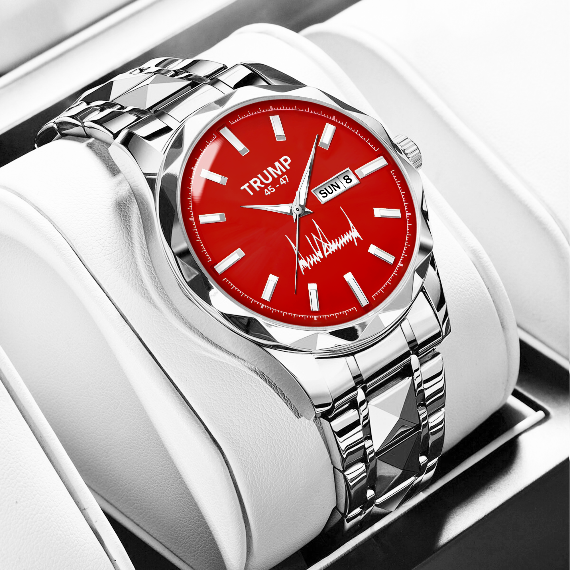 TRUMP 45-47 Watch 2026 Silver Red Dial – Luxury Steel Watch for Men