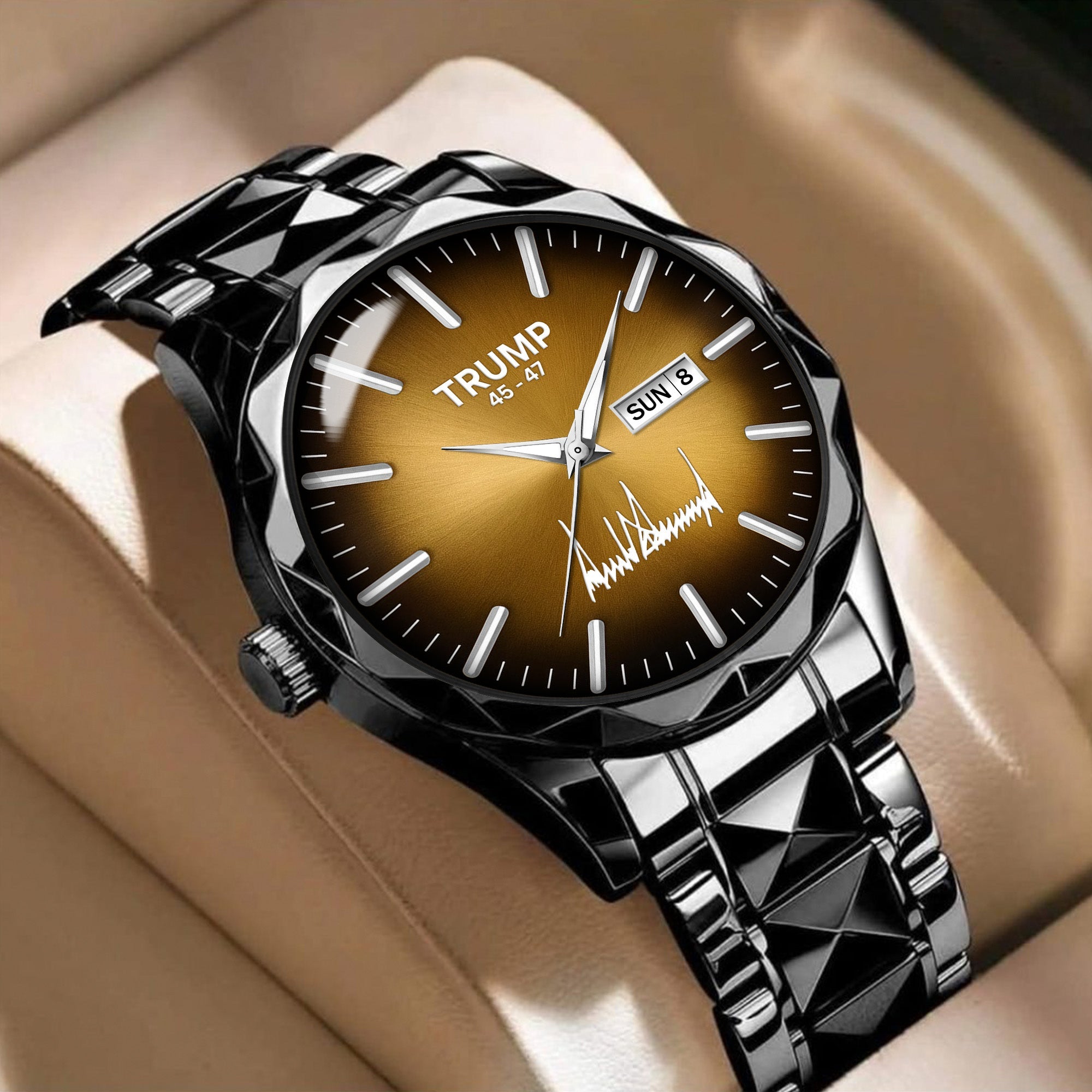 TRUMP 45-47 Watch 2026 Luxury Black Steel – Signature Sunburst Gold Dial