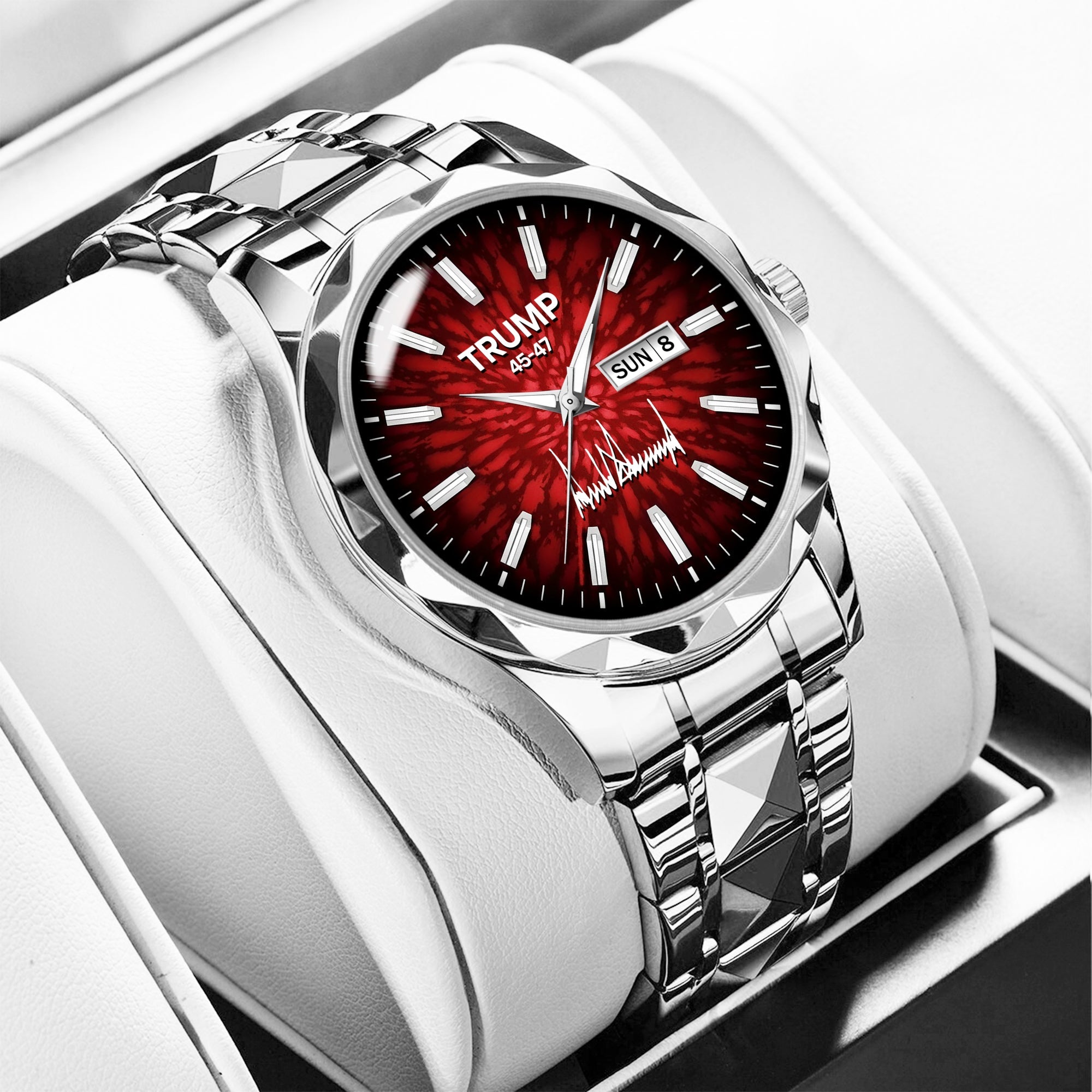 TRUMP Watch 45 – 47 Luxury Silver Steel – Royal Red Ruby Burst Dial