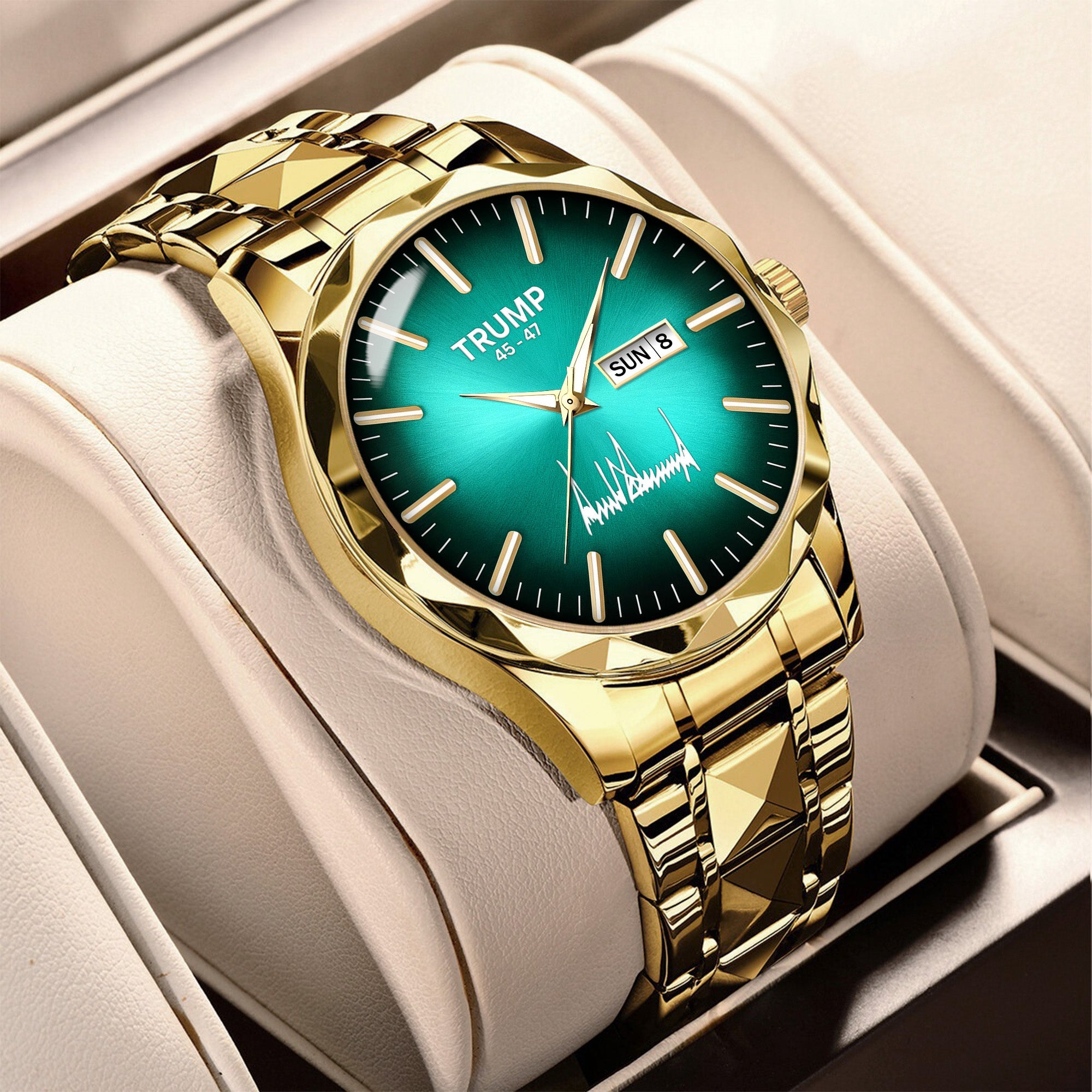 TRUMP 45-47 Watch 2026 Luxury Gold – Emerald Green Sunburst Dia