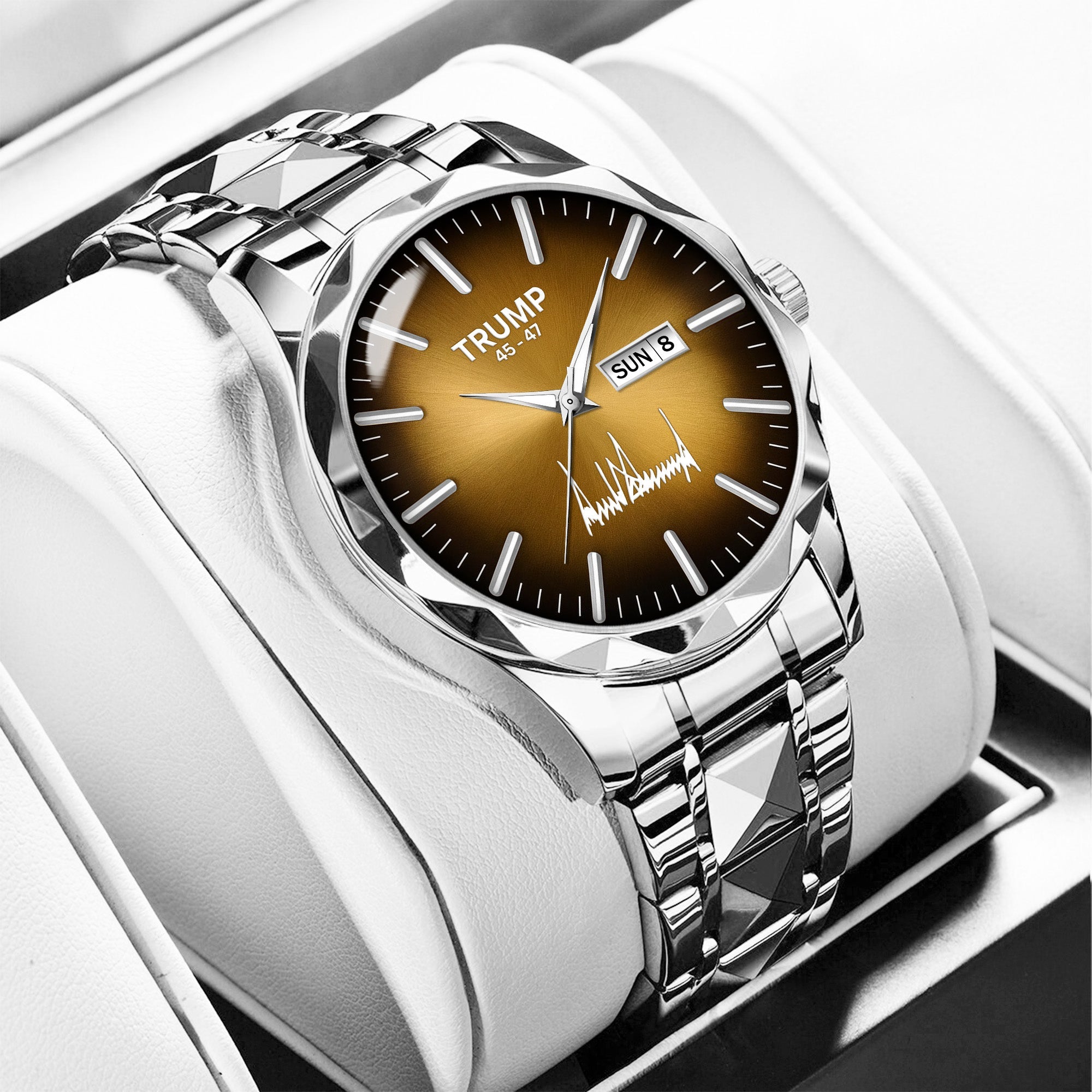 TRUMP 45-47 Watch 2026 Luxury Silver – Chocolate Brown Sunburst Dial