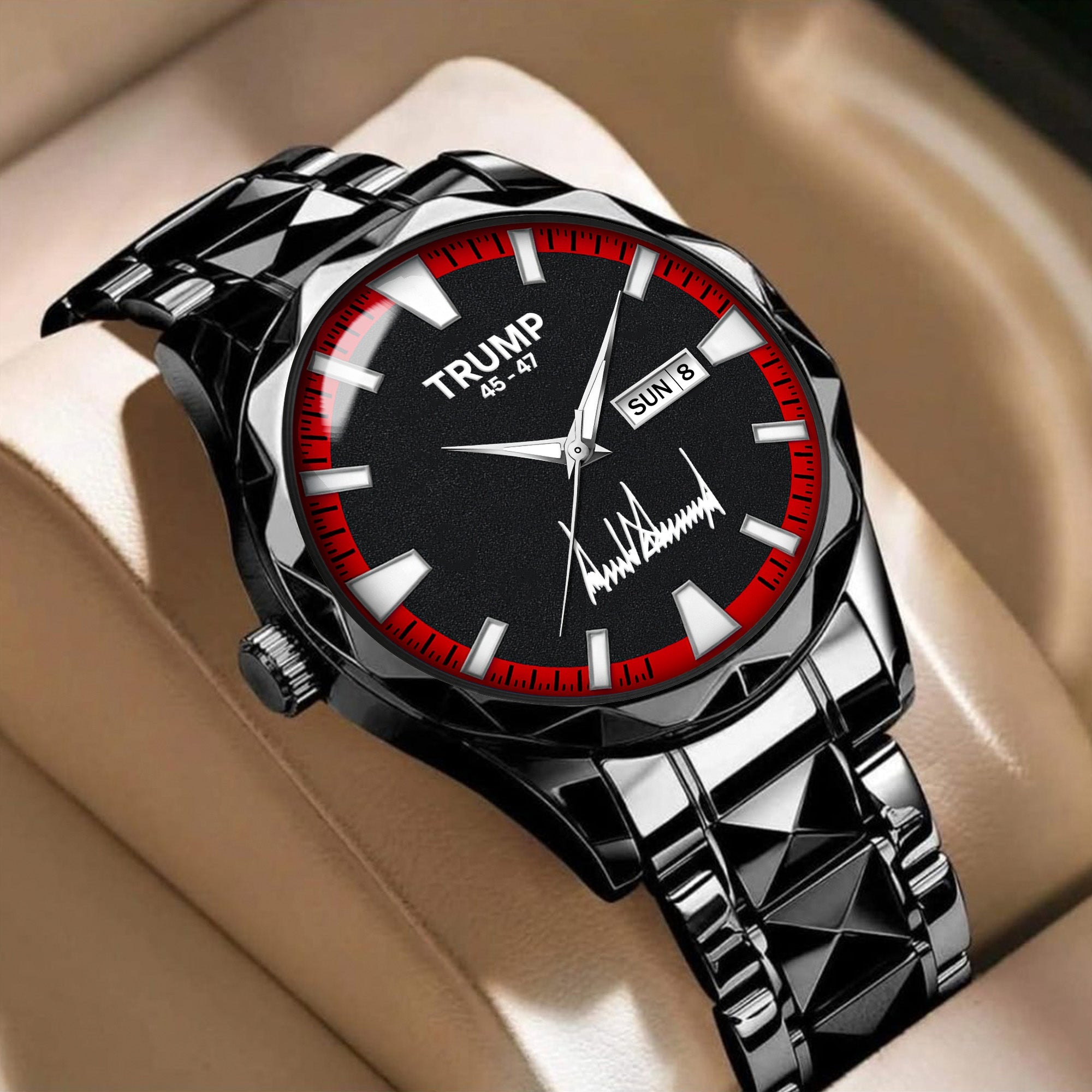 TRUMP 45-47 Watch 2026 Luxury Black Steel – Signature Red Sport Dial