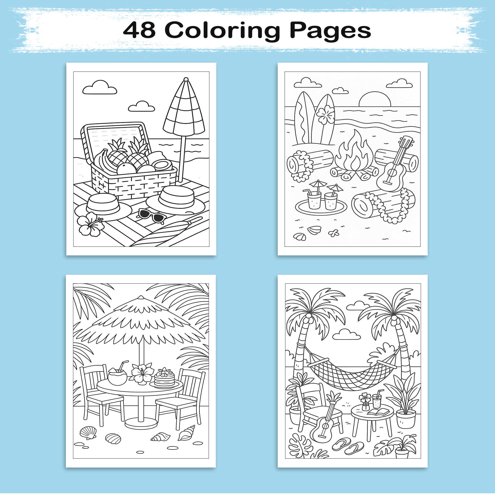 Cozy Hawaii Island Vibes Coloring Pages – 48 Pages – Chill, Zen, Beach Aesthetic – For Adults