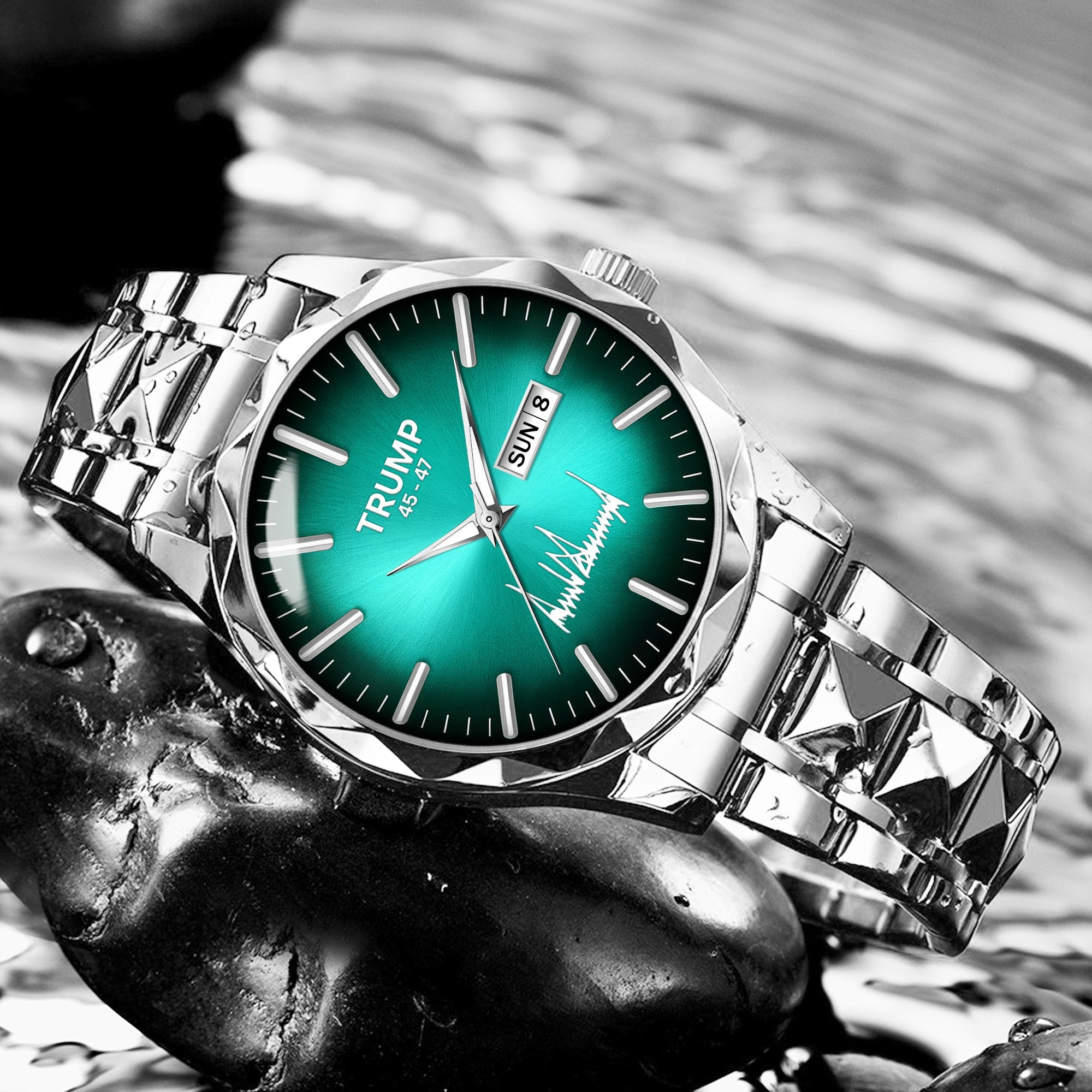 TRUMP 45-47 Watch 2026 Luxury Silver – Emerald Green Sunburst Dial