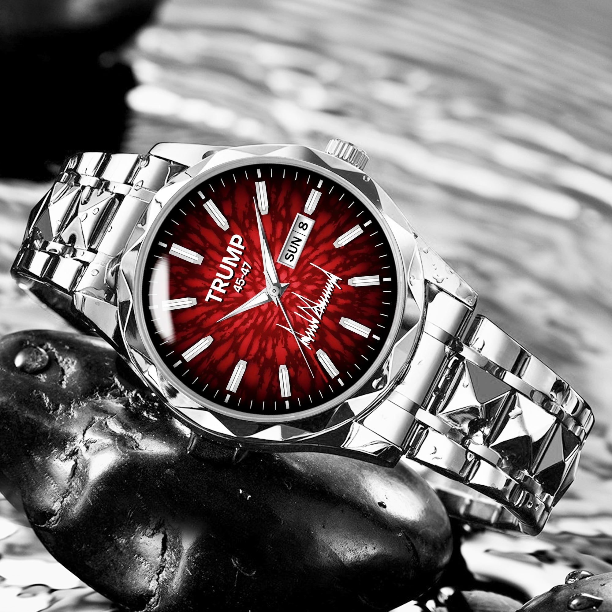 TRUMP Watch 45 – 47 Luxury Silver Steel – Royal Red Ruby Burst Dial