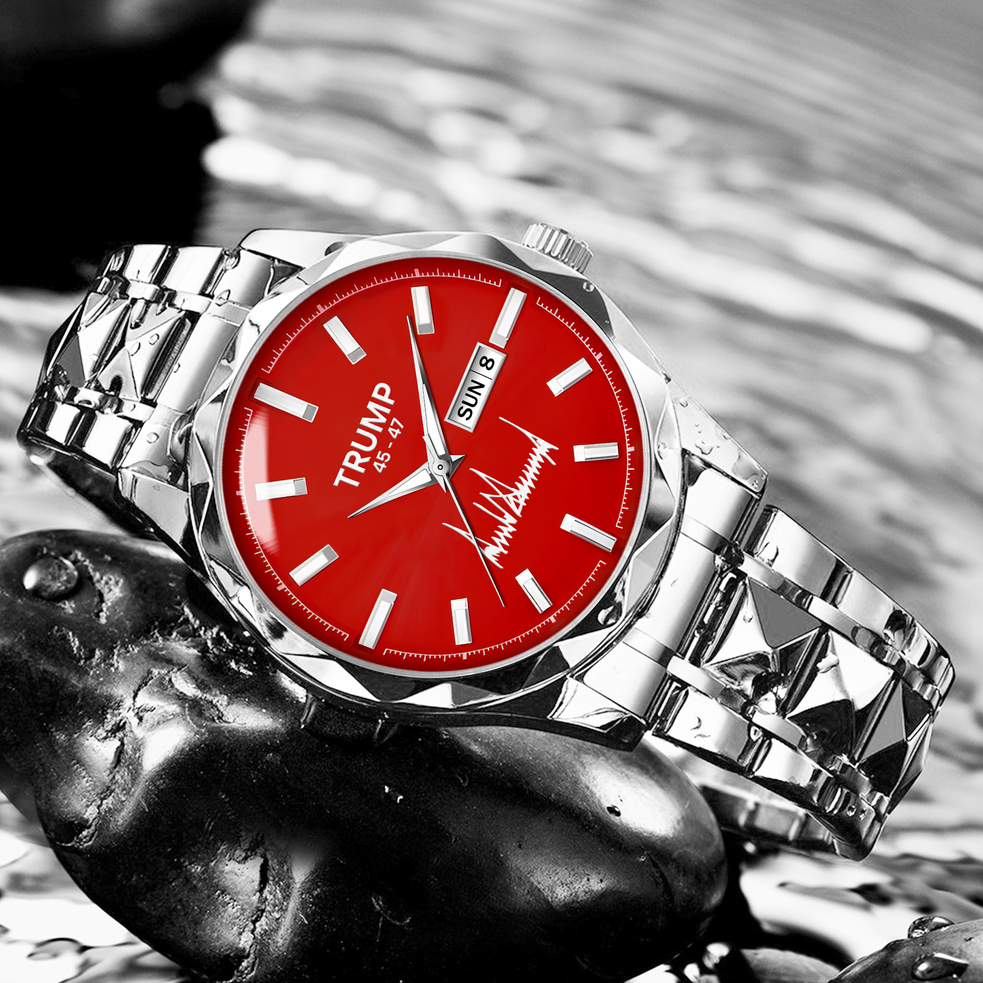 TRUMP 45-47 Watch 2026 Silver Red Dial – Luxury Steel Watch for Men