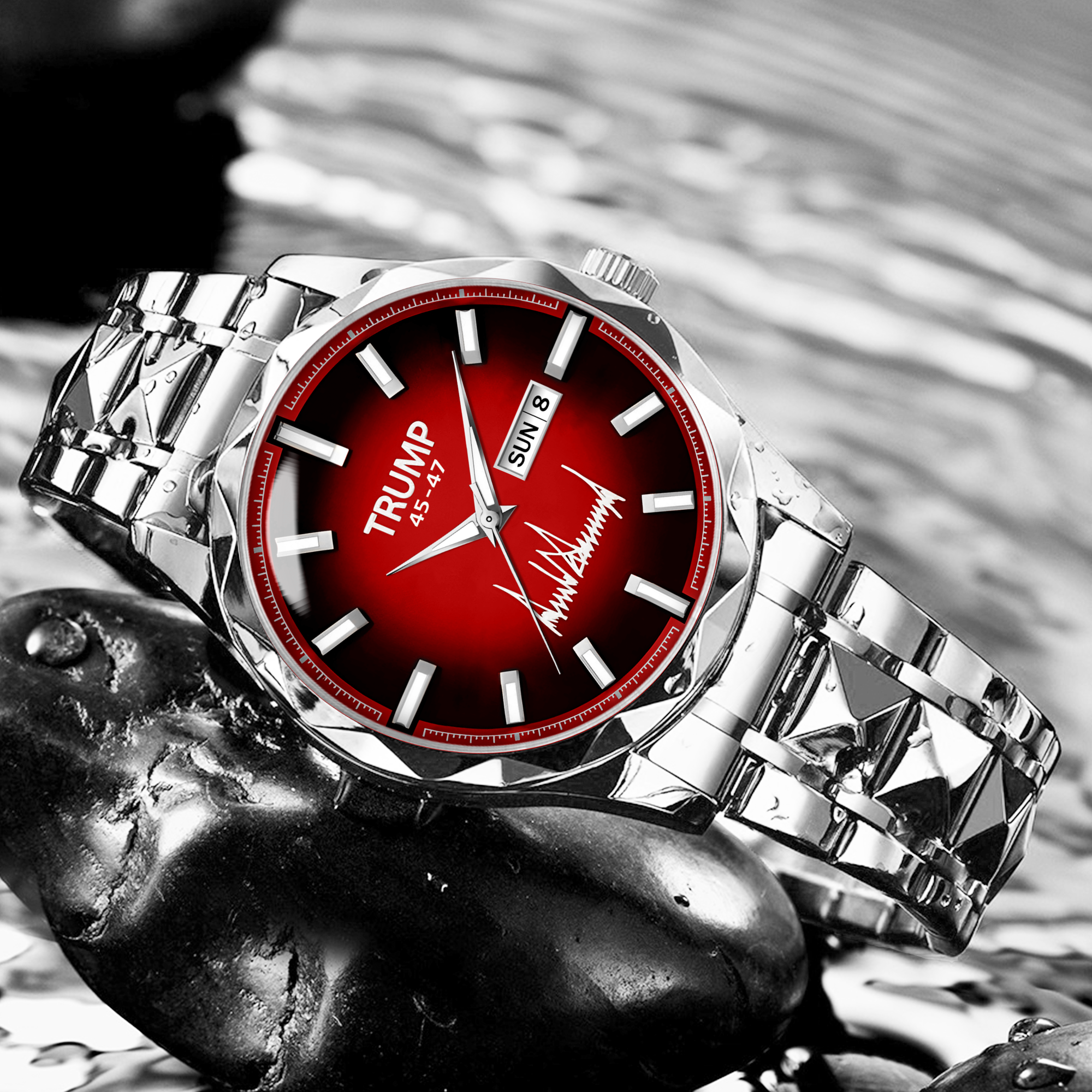 TRUMP 45-47 Watch 2026 – Silver Watch with Striking Red Dial for Men