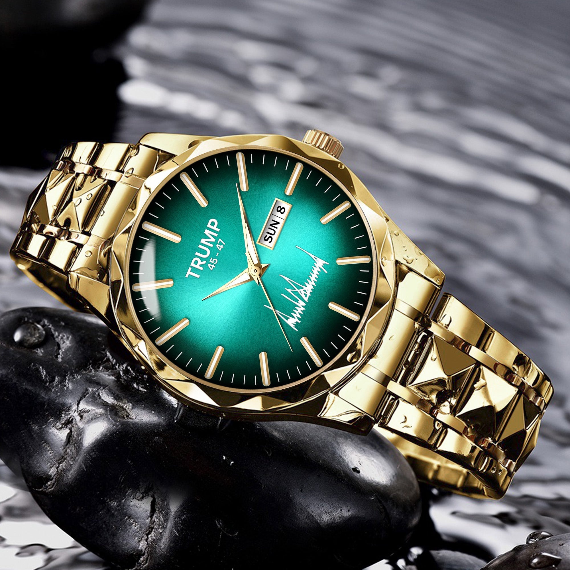 TRUMP 45-47 Watch 2026 Luxury Gold – Emerald Green Sunburst Dia