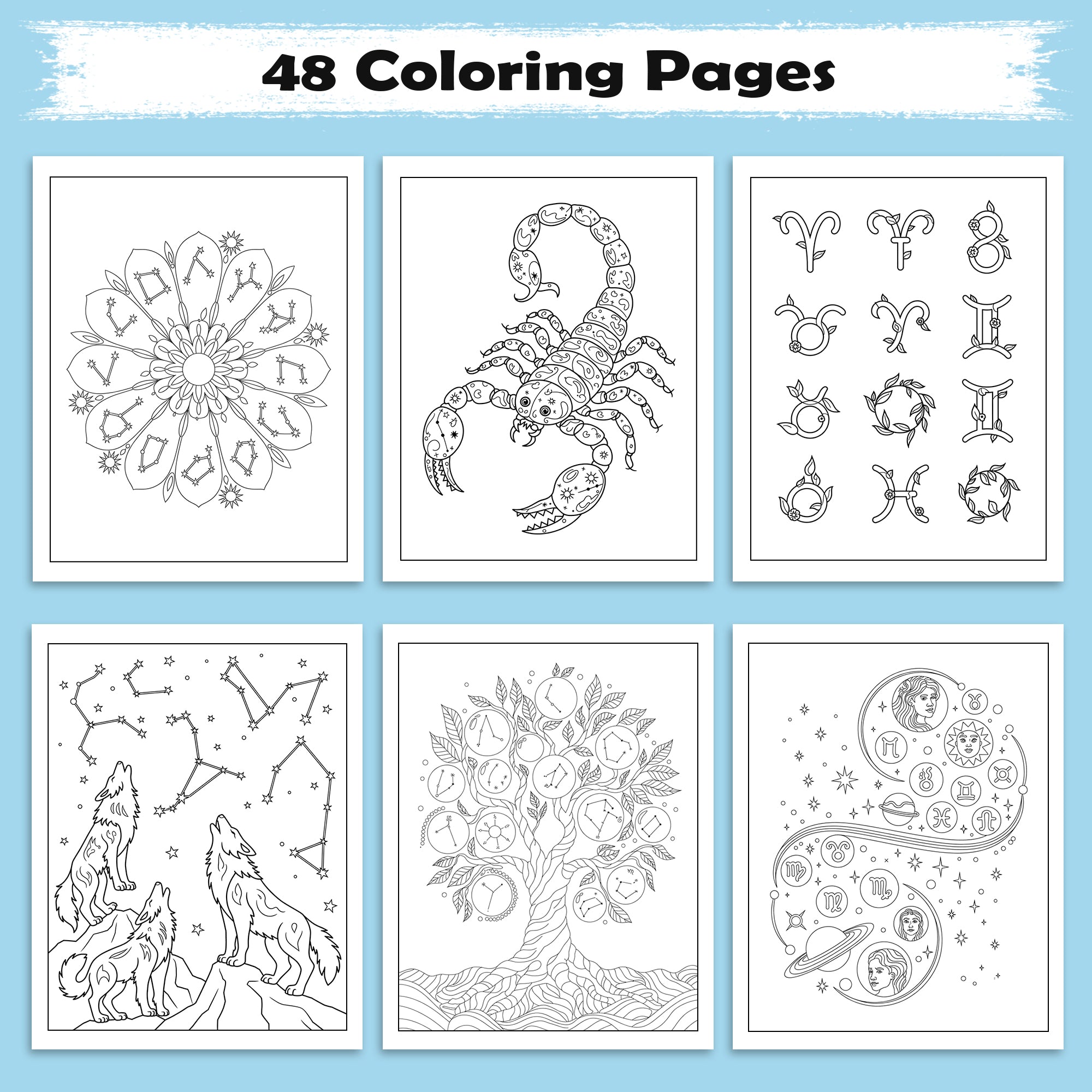 Zodiac Garden Coloring Pages – 48 Pages – A Whimsical Astrology Coloring Book – For Adults