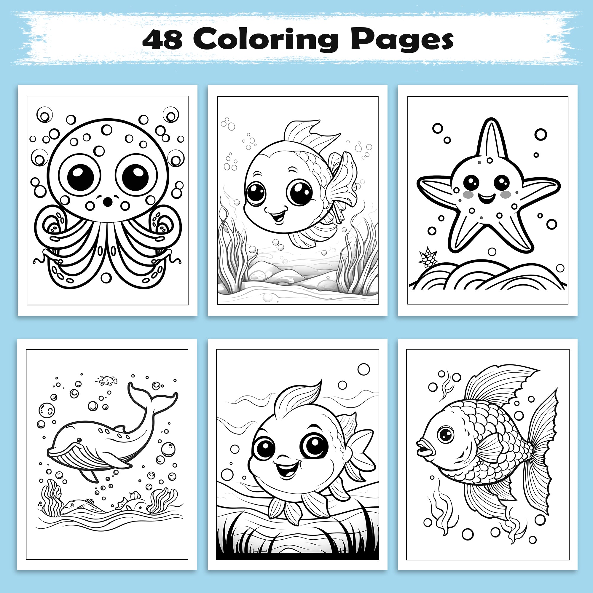Ocean Adventures – Animal Coloring Pages – 48 Pages – Cute Sea Creatures, Bubbles, Underwater Fun – For Kids