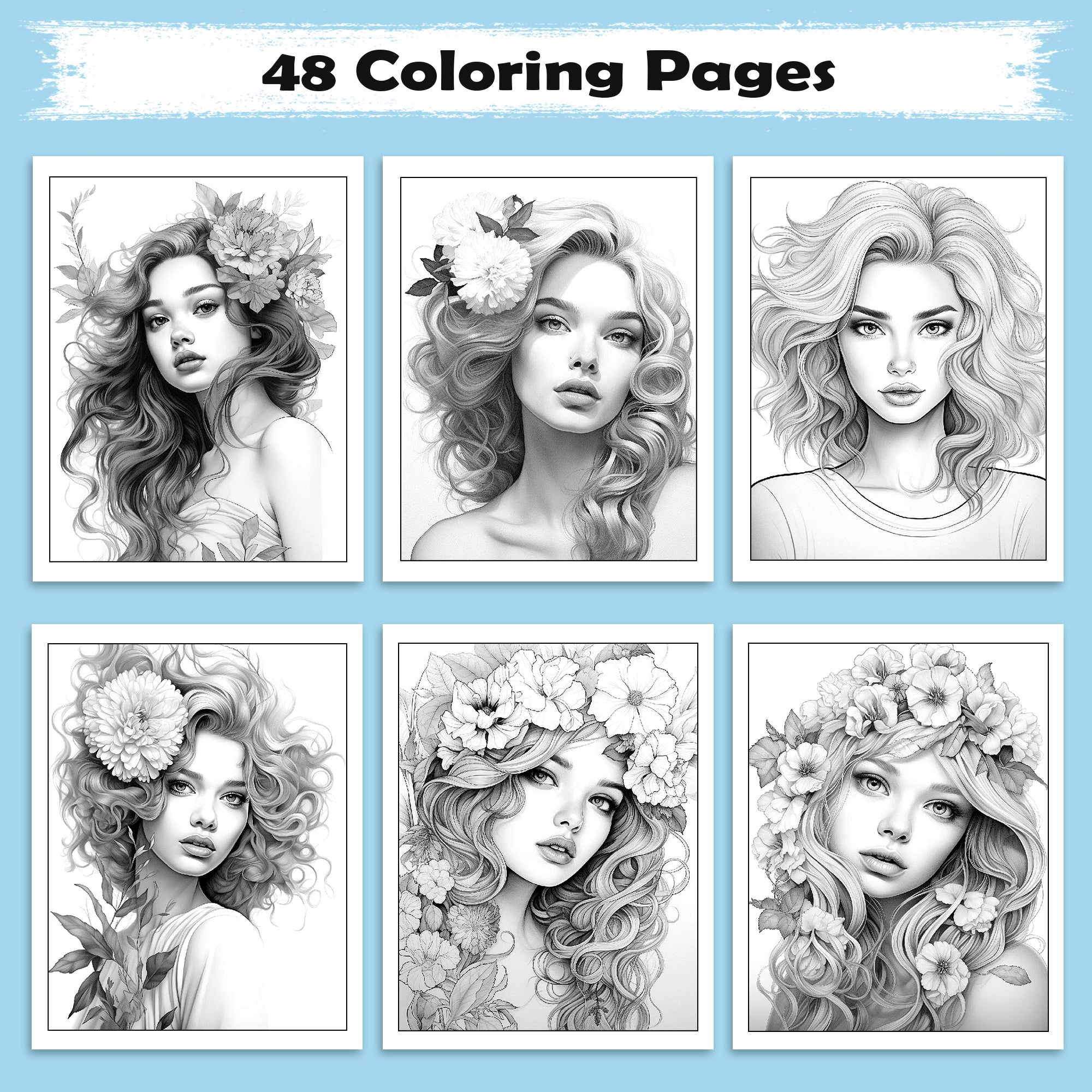 Cozy Blossom Girls Coloring Pages – 48 Relaxing Line Art Illustrations for Adults