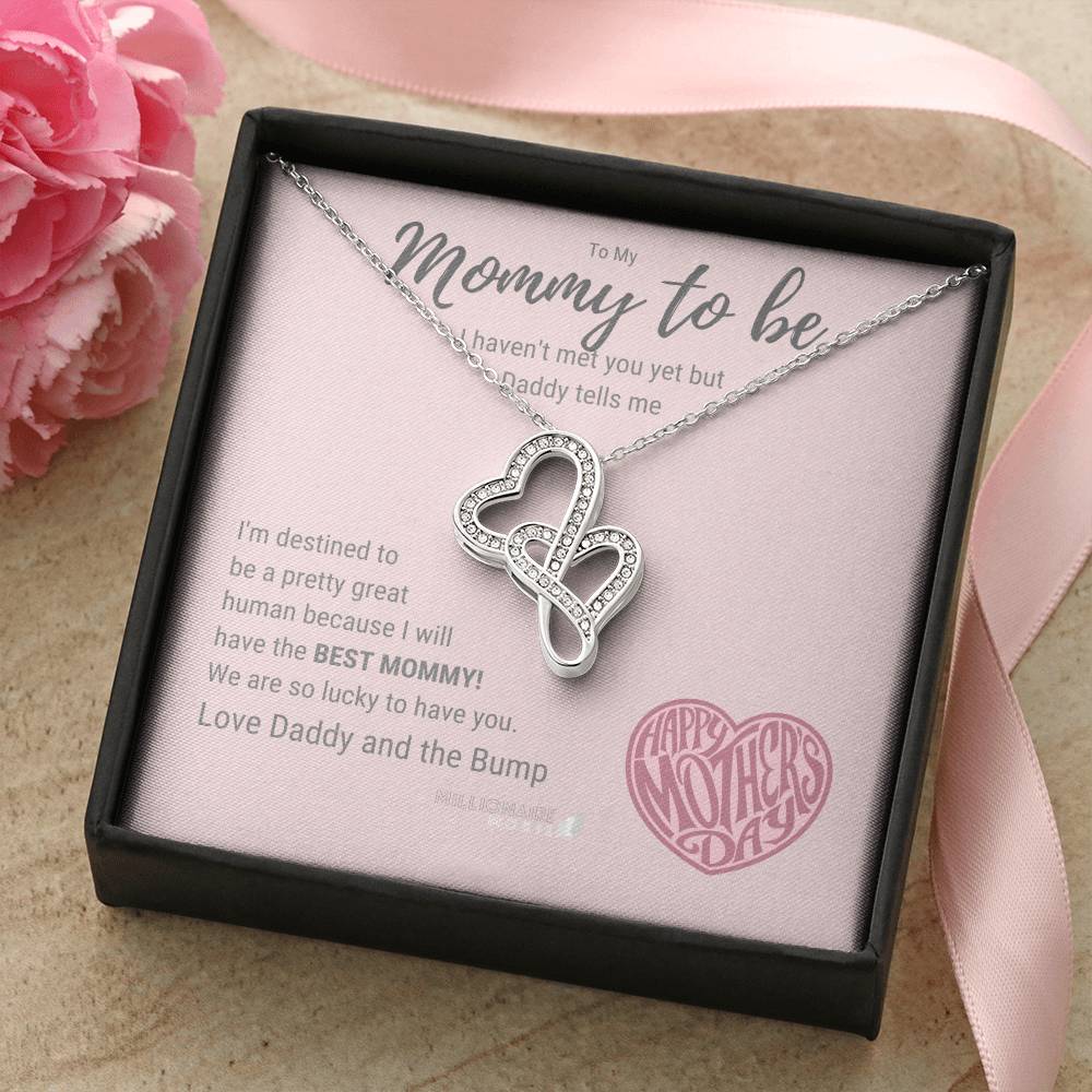 Mother's Day Mommy To Be From Daddy And Bump - 14K White Gold Finish Cubic Zirconia Necklace Double Hearts Necklace