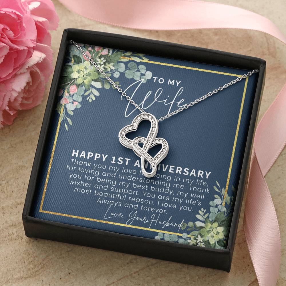 1St Anniversary Gift For Wife 1St Wedding Anniversary One Year Anniversary Gifts First Year Anniversary First Annivers 1 Double Hearts Necklace