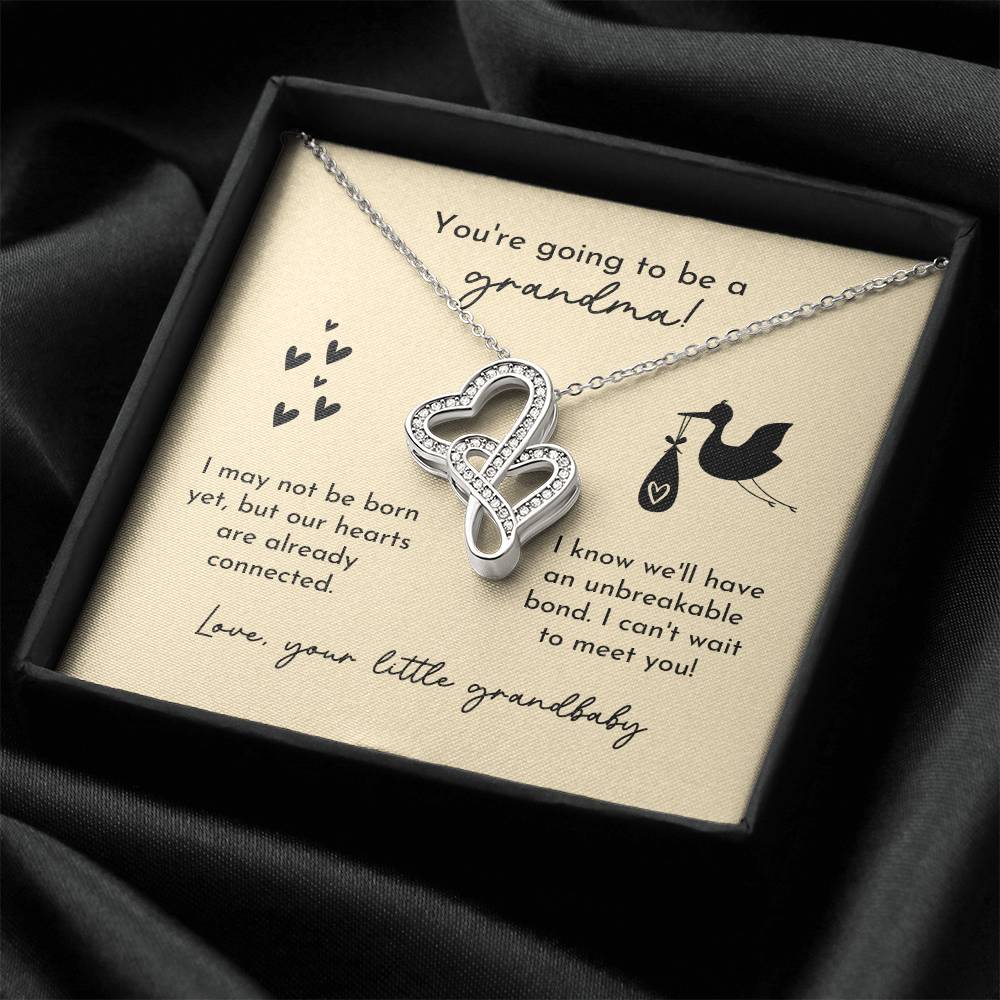 Grandma To Be Birth Announcement Double Hearts  Yellow Stork Double Hearts Necklace