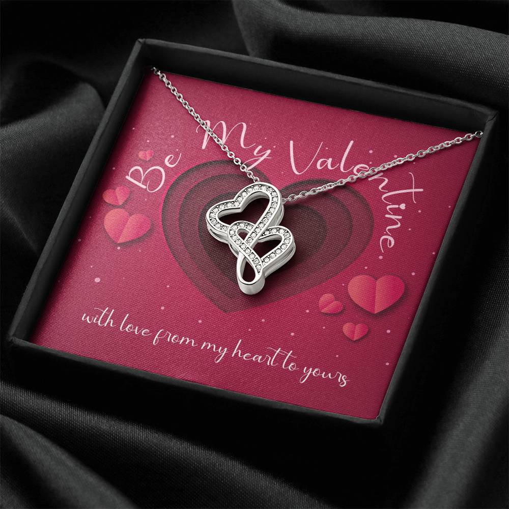 Be My Valentine Double Heart Necklace Sparkling Crystals On 14K White Gold Thoughtfully Presented With Gift Box. Double Hearts Necklace