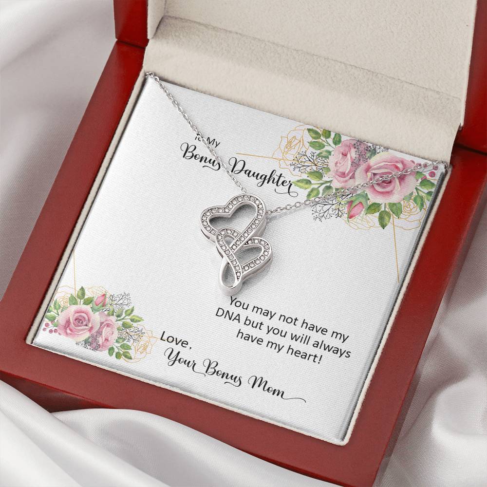 Bonus Daughter From Bonus Mom No Dna But You Have My Heart  7 Double Hearts Necklace