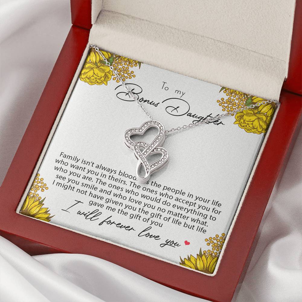 To My Bonus Daughter Family Isn't Always Blood  1 Double Hearts Necklace