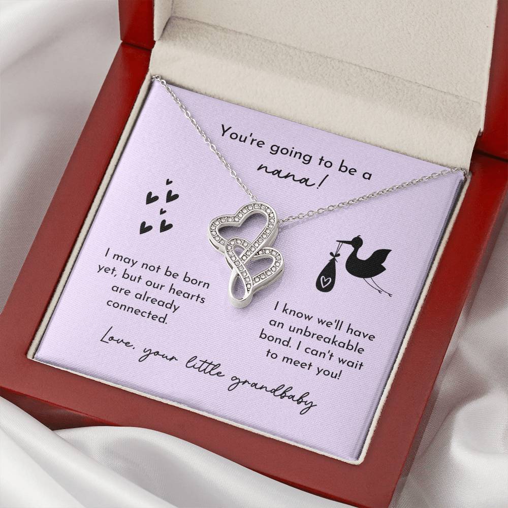 Nana To Be Birth Announcement Double Hearts  Lavender Stork Double Hearts Necklace