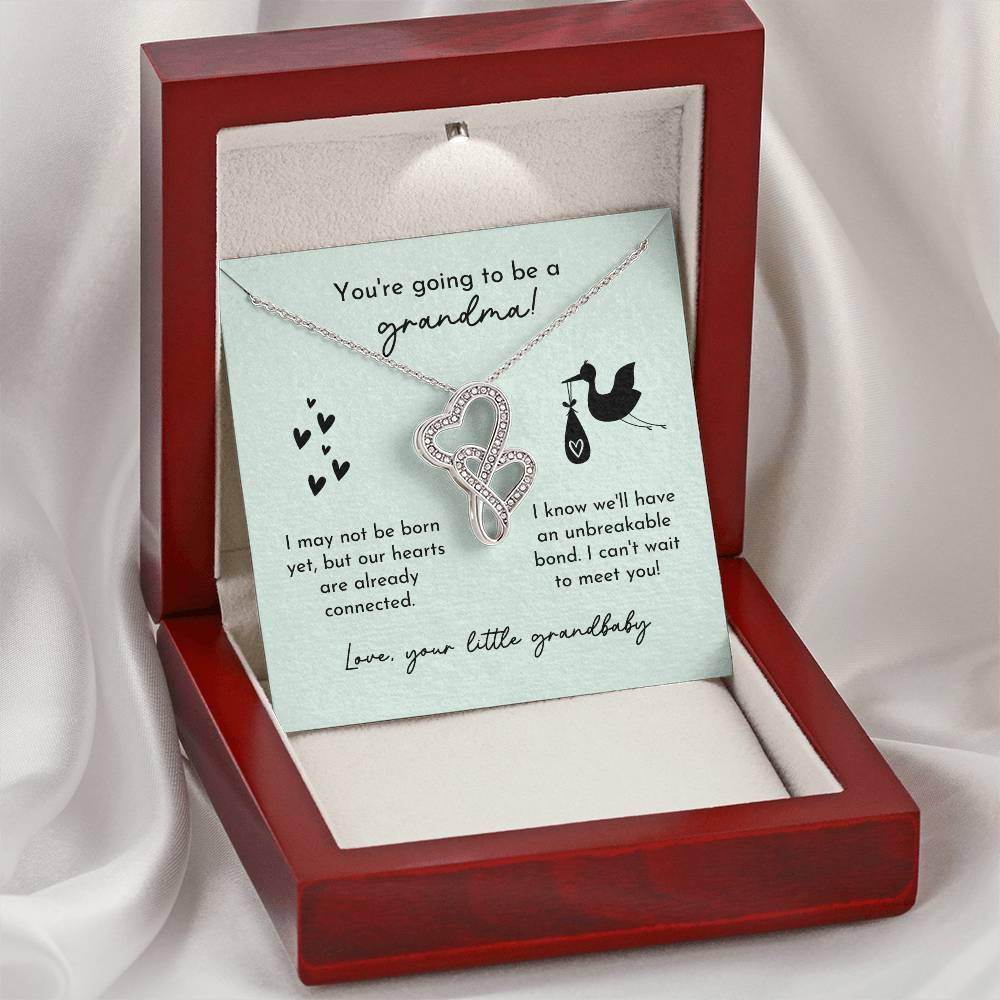 Grandma To Be Birth Announcement Double Hearts  Mint Stork Double Hearts Necklace