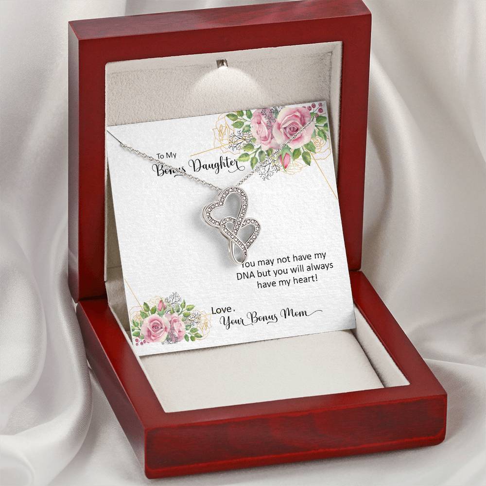 Bonus Daughter From Bonus Mom No Dna But You Have My Heart  7 Double Hearts Necklace