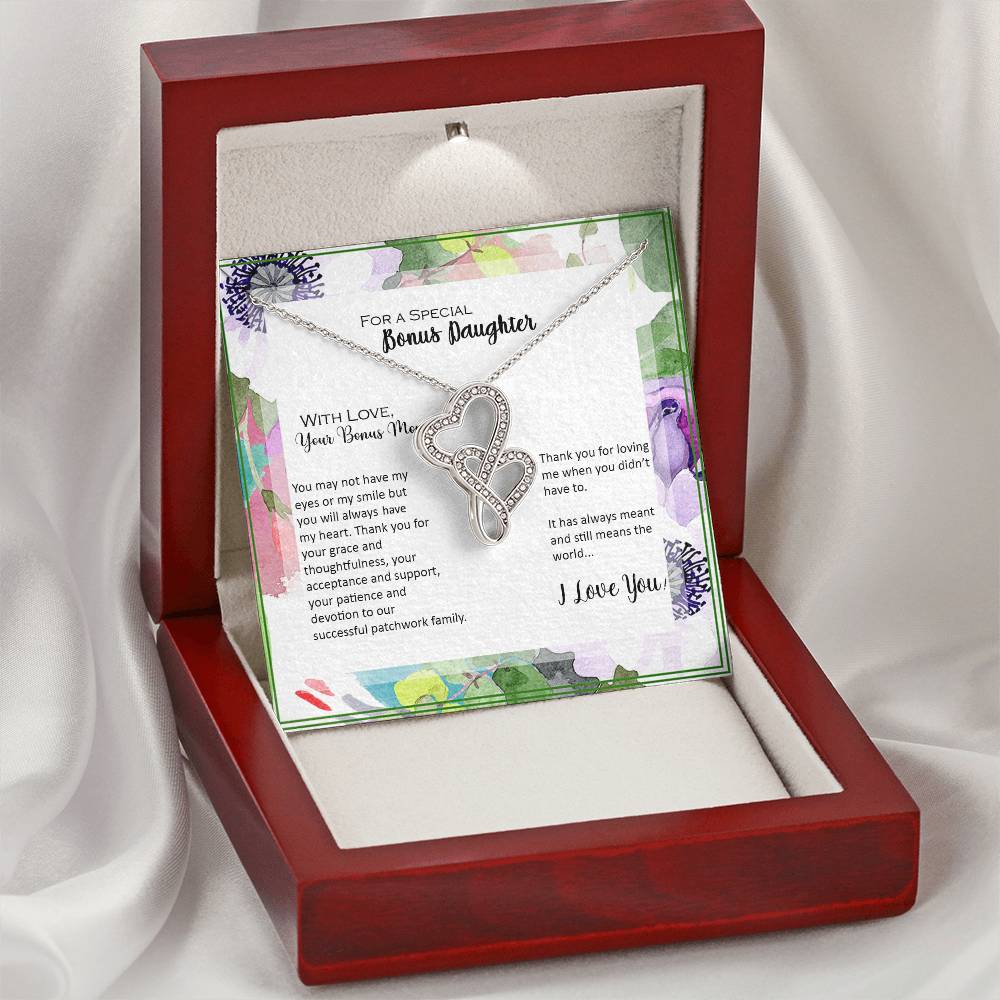 Bonus Daughter From Bonus Mom No Dna But You Have My Heart  8 Double Hearts Necklace