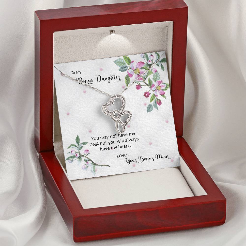 Bonus Daughter From Bonus Mom No Dna But You Have My Heart  2 Double Hearts Necklace