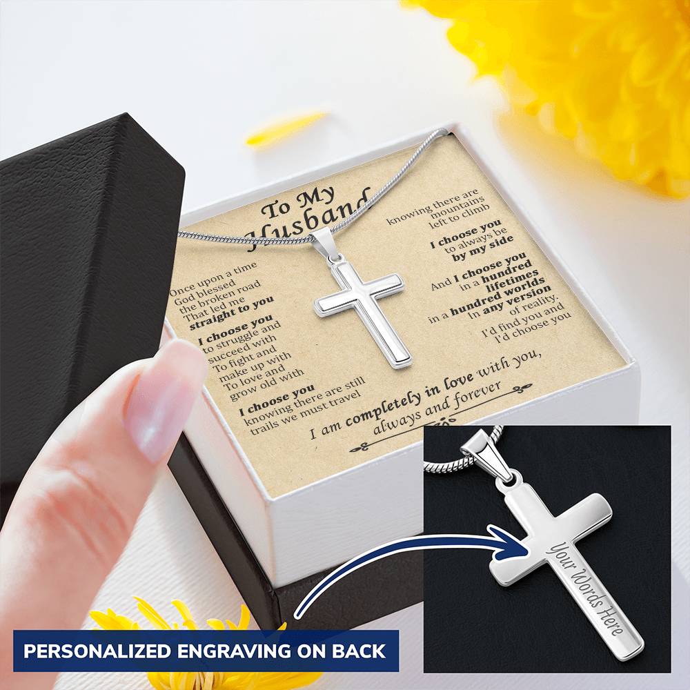 For Husband - Any Version Of Reality - Cross Customize Engraved Cross Necklace
