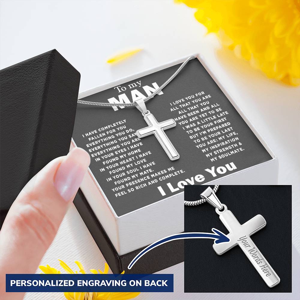 To My Man Cross Necklace Customize Engraved Cross Necklace