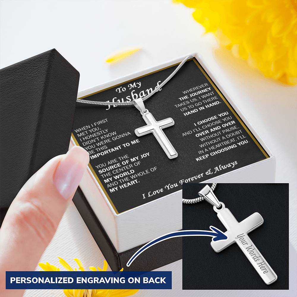 Gift For Husband - Over - Cross Customize Engraved Cross Necklace