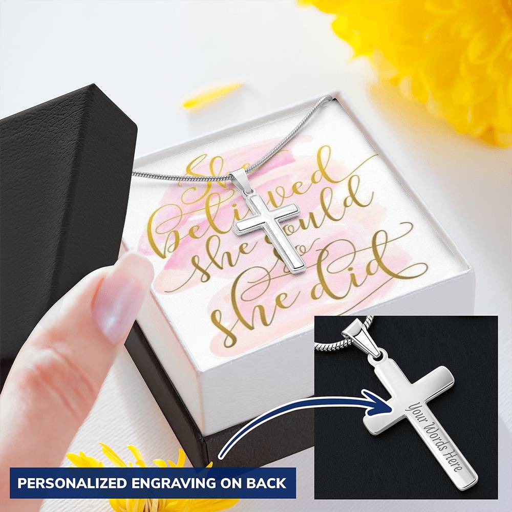 Daughter Gift She Believed She Could So She Did Beautiful Gift Cross Can Be Engraved Lighted Box Customize Engraved Cross Necklace