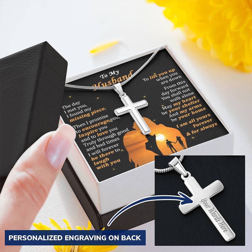 For Husband - Shall Not Walk Alone - Cross Customize Engraved Cross Necklace