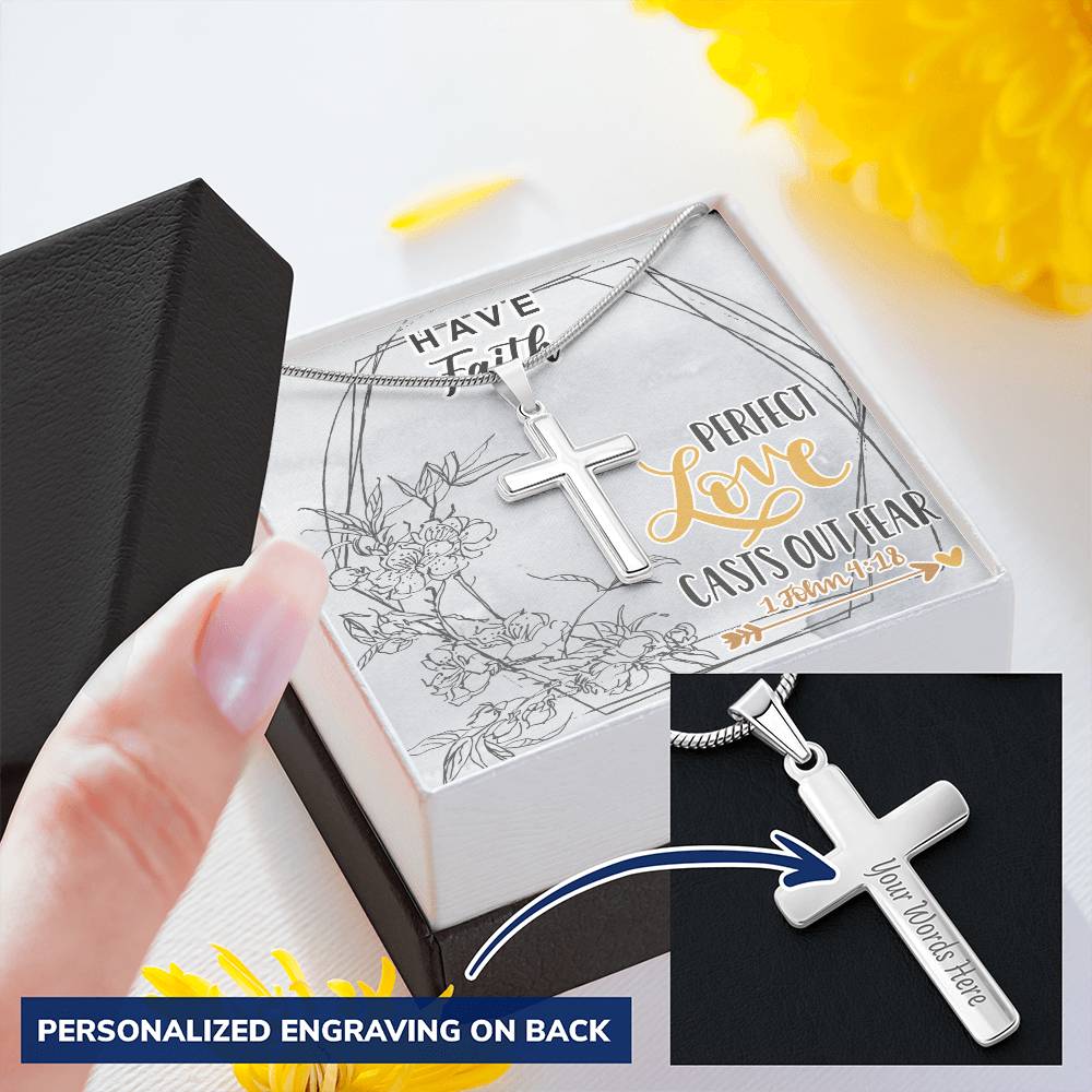 Dad To Son Gifts - Perfect Love Casts Out Fear Customize Engraved Cross Necklace