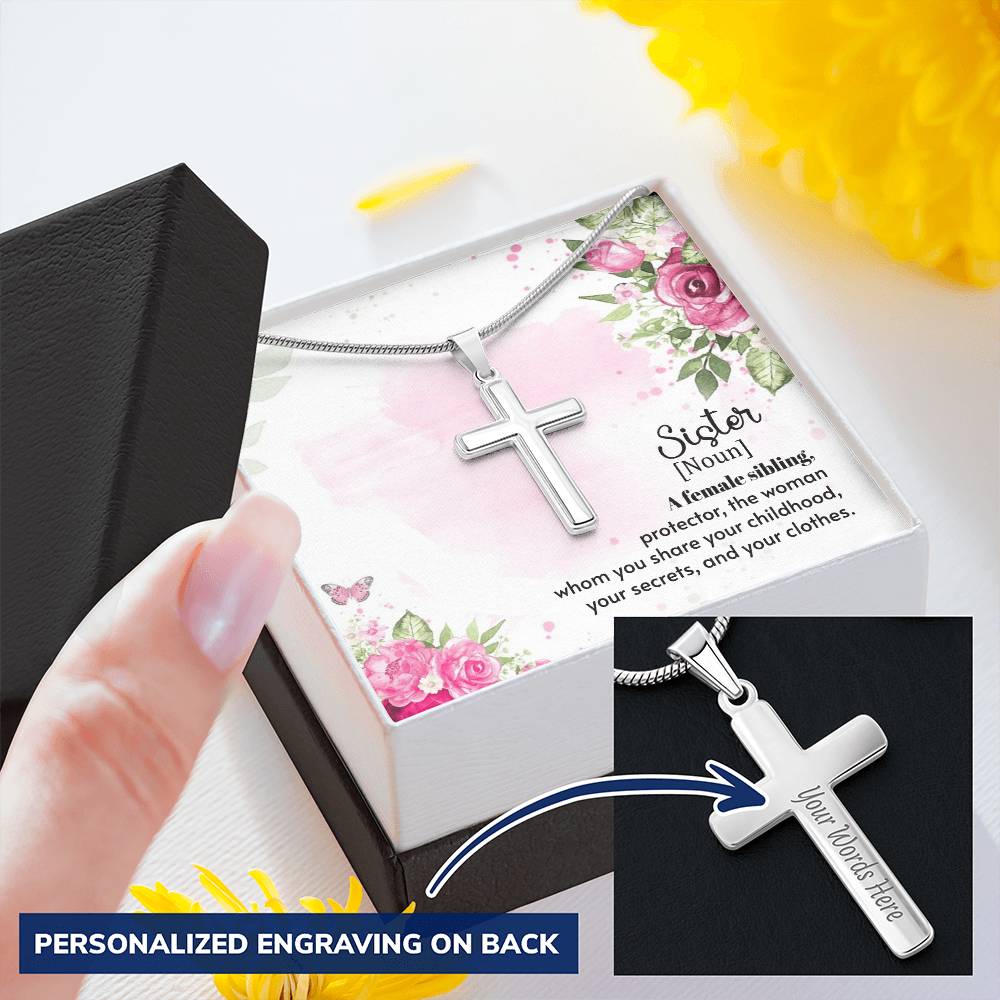 A Female Sibling - Customize Cross Necklace. Customize Engraved Cross Necklace
