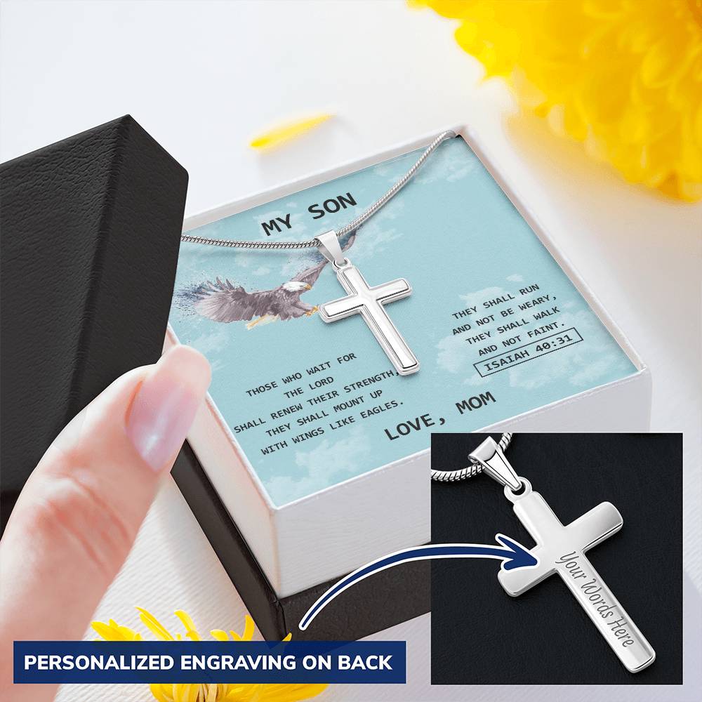 Eagle Cross For Son - Love Mom Customize Engraved Cross Necklace