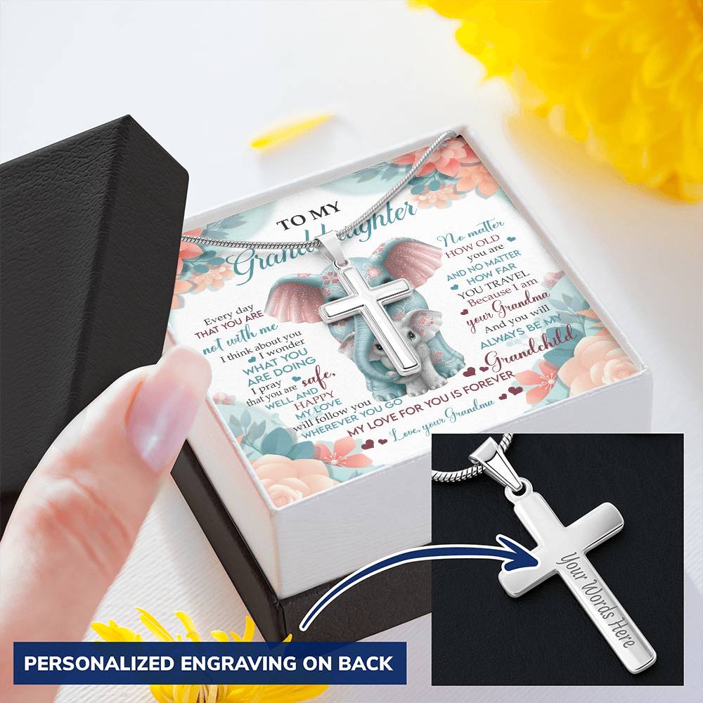 To My Granddaughter Cross Necklace - Elephant Lovers Customize Engraved Cross Necklace