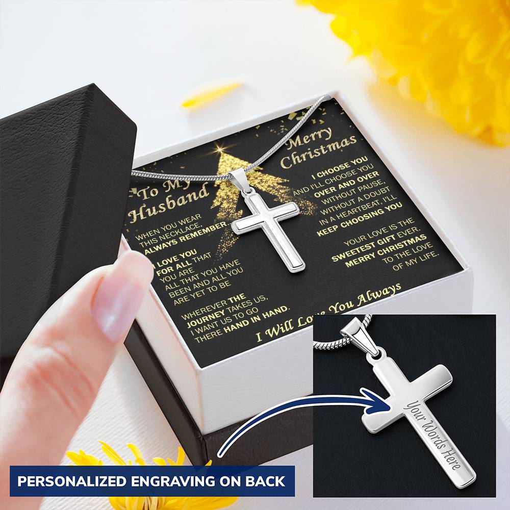 Gift For Husband - Heartbeat - Cross Customize Engraved Cross Necklace