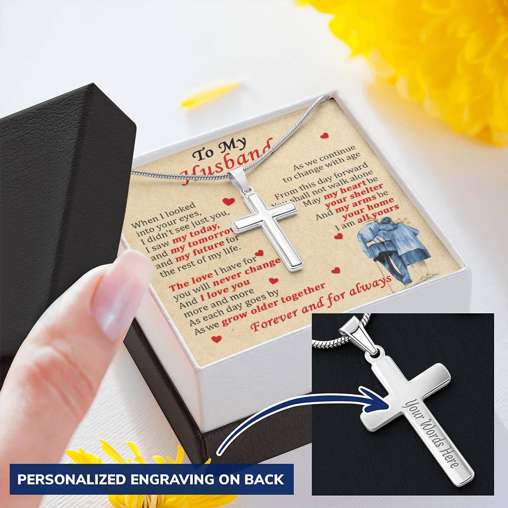 For Husband - May My Arms Be Your Home - Cross Customize Engraved Cross Necklace