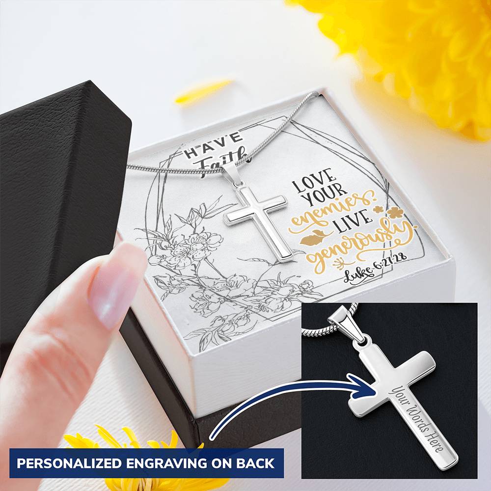 Dad To Son Gifts - Love Your Enemies Live Generously Customize Engraved Cross Necklace