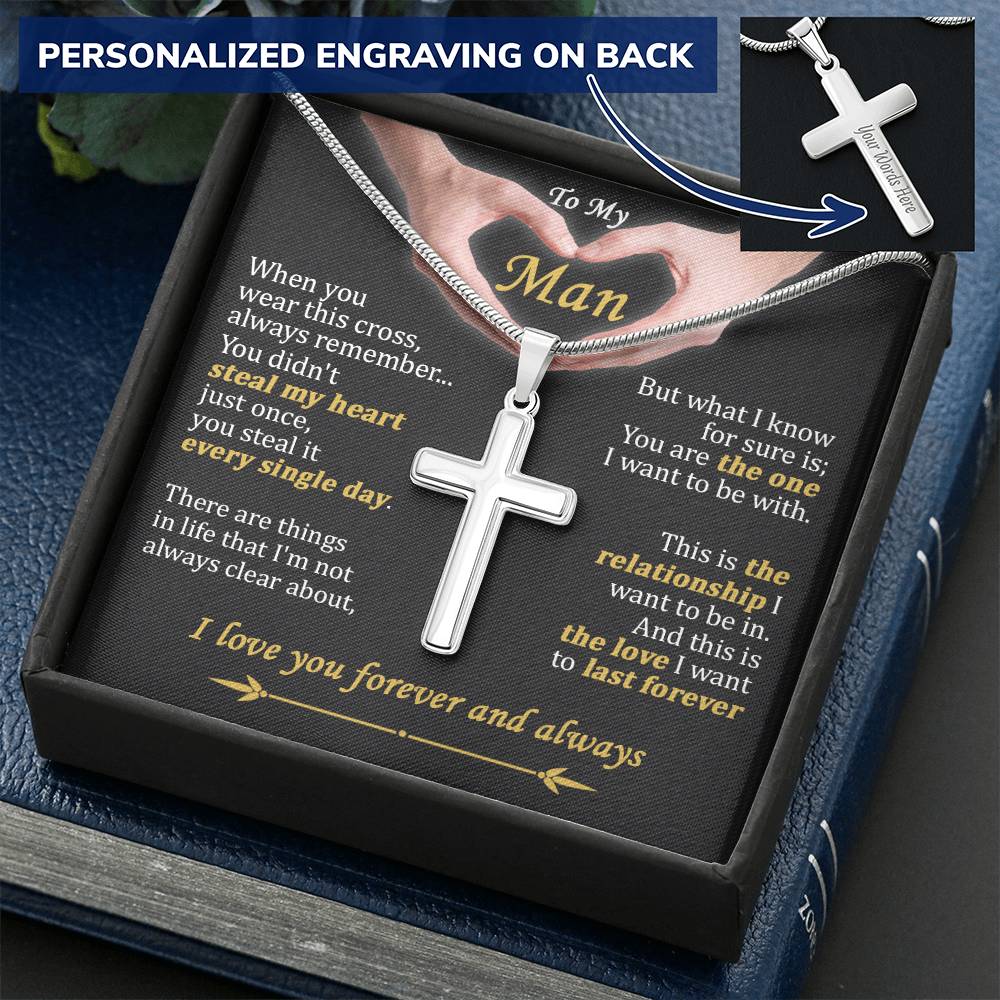For Your Man - Steal My Heart - Cross Customize Engraved Cross Necklace
