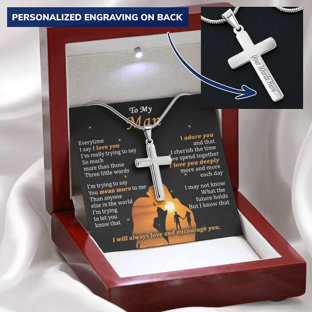 For Your Man - Love You Deeply - Cross Customize Engraved Cross Necklace