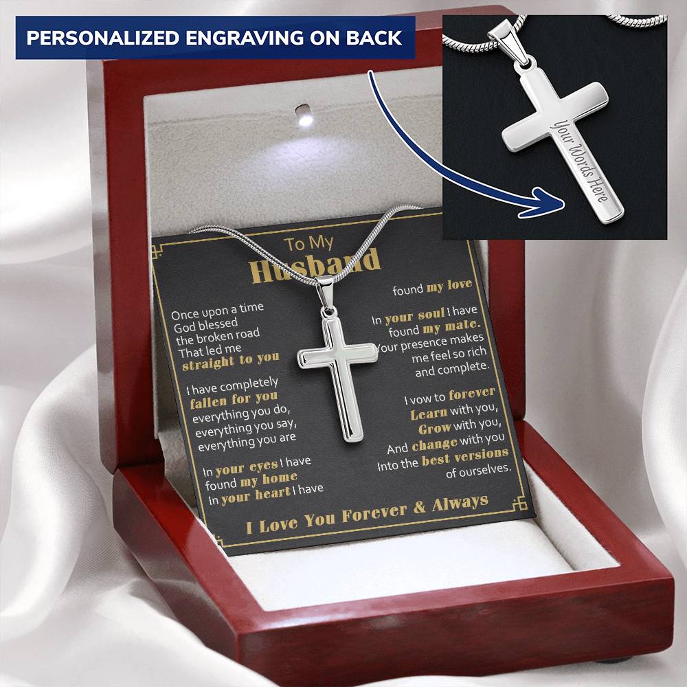 For Husband - Learn With You - Cross Customize Engraved Cross Necklace