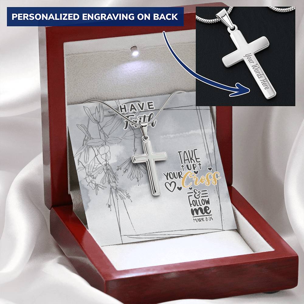 Dad To Son Gifts - Take Up Your Cross & Follow Me Customize Engraved Cross Necklace