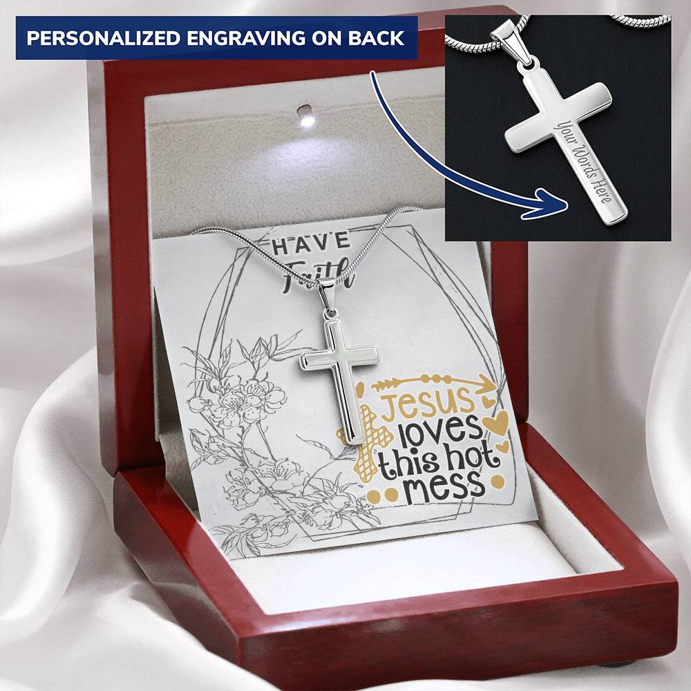 Dad To Son Gifts Cross Necklace Chain Bible Verse - Jesus Loves This Hot Mess Customize Engraved Cross Necklace