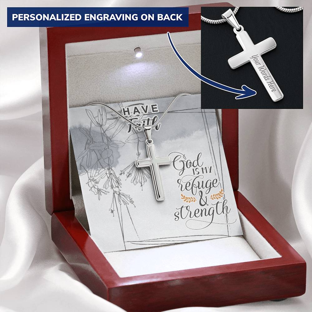 Dad To Son Gifts Cross Necklace Chain Bible Verse - God Is My Refuge & Strength Customize Engraved Cross Necklace