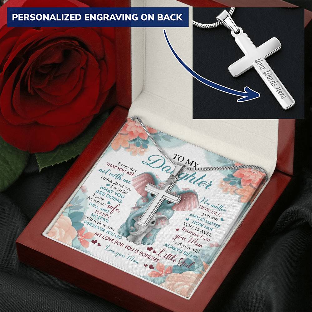 To My Daughter Cross Necklace - Elephant Lovers Customize Engraved Cross Necklace