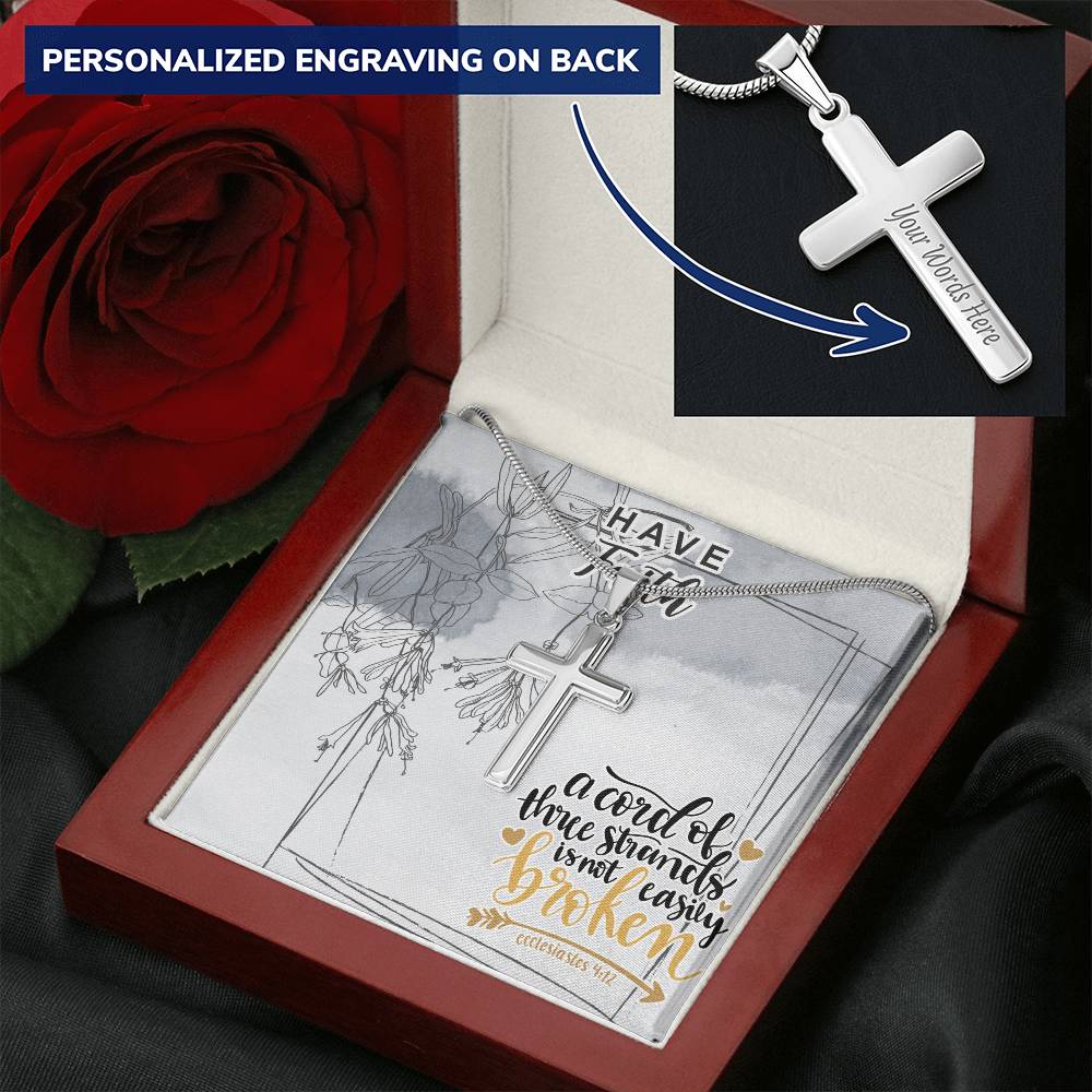 Dad To Son Gifts - A Cord Of Three Strands Is Not Easily Broken Customize Engraved Cross Necklace